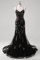Black Sequined Lace-up Back Mermaid Tulle Prom Dress