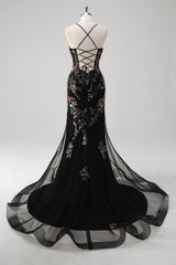 Black Sequined Lace-up Back Mermaid Tulle Prom Dress
