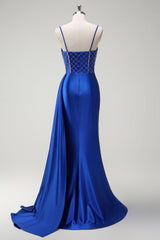 Royal Blue Mermaid Beaded Corset Prom Dress with Sash
