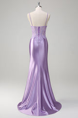 Lilac Corset Spaghetti Straps Mermaid Prom Dress with Appliques and Slit