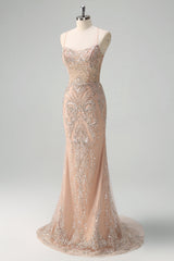 Champagne Tulle Sequined Mermaid Prom Dress with Lace-up Back