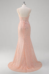 Sparkly Blush Mermaid Corset Sequined Prom Dress with Slit