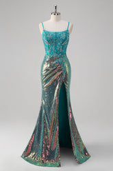 Sparkly Peacock Green Mermaid Slit Floor Length Prom Dress