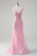 Sparkly Pink Sequined Tulle Mermaid Prom Dress
