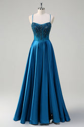 Satin Blue A Line Pleated Corset Beaded Prom Dress with Lace-up Back