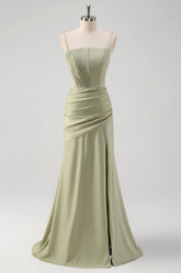 Sage Pleated Corset Mermaid Maxi Prom Dress with Slit