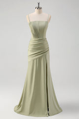 Sage Pleated Corset Mermaid Maxi Prom Dress with Slit