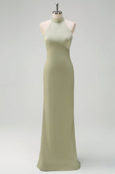 Sheath Sage Halter Backless Bridesmaid Dress