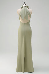 Sheath Sage Halter Backless Bridesmaid Dress