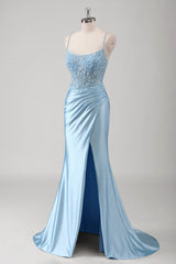 Blue Beaded Corset Slit Satin Ruched Mermaid Prom Dress with Lace-up Back