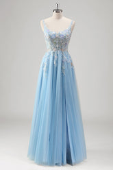 Light Blue A Line Backless Tulle Slit Sequined Prom Dress with Appliques