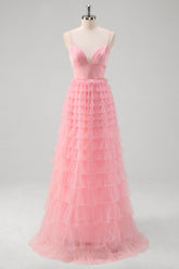 Pink Spaghetti Strpas Tiered Tulle A Line Prom Dress