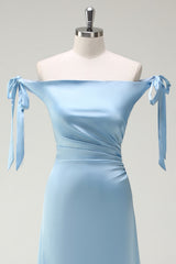 Sky Blue Sheath Off the Shoulder Bow Satin Bridesmaid Dress