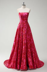 Fuchsia Floral Strapless A-Line Long Prom Dress