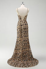Khaki Leopard Sequins Mermaid Spaghetti Straps Long Corset Dress with Slit