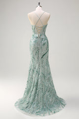 Beaded Mermaid Lace-up Back Sage Prom Dress with Slit