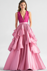 Hot Pink Tiered Ruffle V Neck A Line Formal Dress