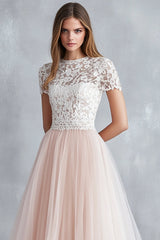 Light Pink A Line Tulle Lace Bridesmaid Dress with Short Sleeves