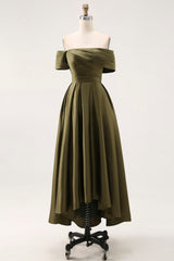 Off the Shoulder A Line Tea Length Satin Olive Mother of the Bride Dress