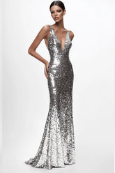 Sequined Silver V Neck Mermaid Formal Dress