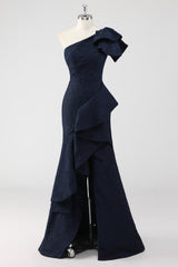 Navy Satin Jacquard One Shoulder Ruffle Mermaid Formal Dress