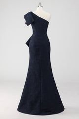 Navy Satin Jacquard One Shoulder Ruffle Mermaid Formal Dress
