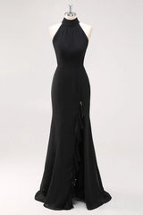 Black Halter Mermaid Formal Dress with Ruffle Hem