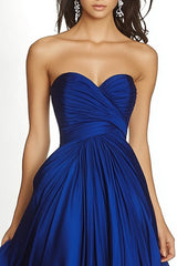 Royal Blue Pleated Asymmetric Chiffon Strapless Maxi A Line Formal Dress