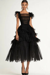 Black A-Line Flatter Sleeves Ruffles Tulle Tea Length Formal Dress