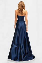 Beaded Navy Blue A Line Sweetheart Satin Sparkly Formal Dress with Slit