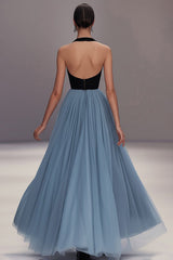 V Neck Black Blue Pleated Tulle Long Formal Dress
