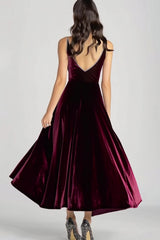 Velvet Beaded V Neck Tea-Length Burgundy Formal Dress