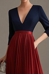 Navy and Red A Line Pleated V Neck Mother of the Bride Dress with Half Sleeves