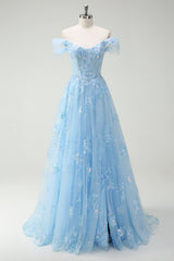 Sparkly Sky Blue Off The Shoulder A-Line Prom Dress with Slit