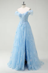 Sparkly Sky Blue Off The Shoulder A-Line Prom Dress with Slit