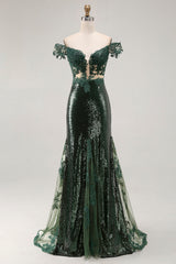 Sequined Off the Shoulder Mermaid Dark Green Prom Dress