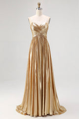 Pleated A Line Metallic Satin Gold Prom Dress