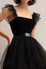 A Line Tulle Tea-Length Black Prom Dress