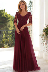 Burgundy Lace Appliqued A Line Chiffon Long Mother Of the Bride Dress