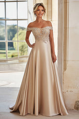 A Line Champagne Off The Shoulder Embroidered Mother of the Bride Dress