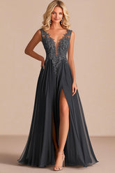 Charcoal A Line V-Neck Appliqued Mother of the Bride Dress with Slit