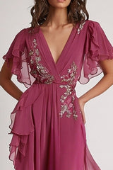 Embellished Dark Pink V Neck A Line Formal Dress with Ruffles