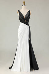 Mermaid Black&White Deep V Neck Long Gala Dress