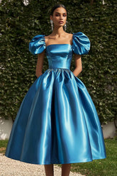 Blue Satin A Line Tea Length Gala Dress with Puff Sleeves