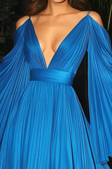 Pleated Blue V Neck A Line Gala Dress with Long Bell Sleeves