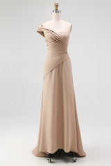 Light Khaki One Shoulder Sheath Pleated Satin Gala Dress