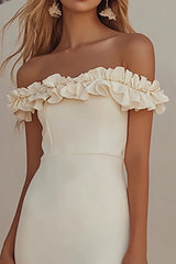 White Off The Shoulder Sheath Floor Length Wedding Dress