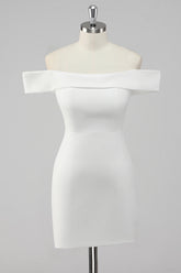 Simple Sheath Off the Shoulder Satin Short White Graduation Dress