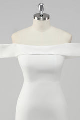 Simple Sheath Off the Shoulder Satin Short White Graduation Dress