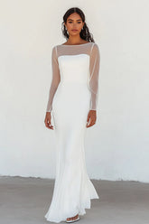 White Boat Neck Chiffon Long Sleeve Wedding Dress